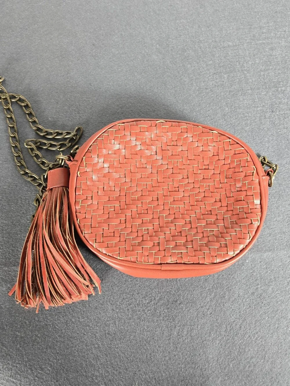 Anthropologie Brick Red Woven Tassel Crossbody Bag